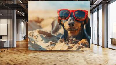 Beautiful dog of dachshund, black and tan, buried in the sand at the beach sea on summer vacation holidays, wearing red sunglasses Wall mural