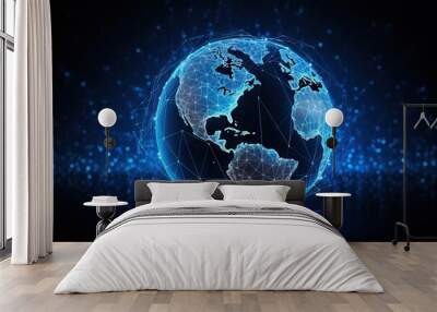 blue abstract world map with a sphere of connections, in the style of technology-based art, light crimson and sky-blue, intel core Wall mural