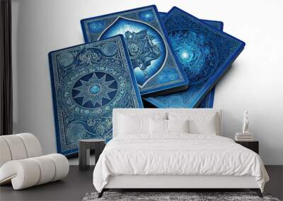 blue tarot cards deck on white starts background holiday divination esoteric concept. Generative ai Wall mural