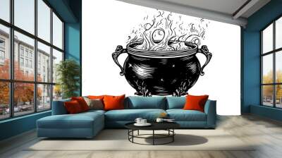 Boiling witch's cauldron hand drawn ink sketch. Engraving style vector illustration. Wall mural