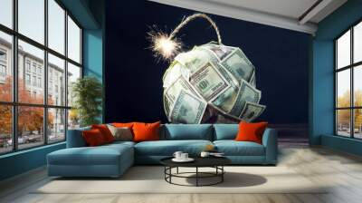 bomb of money hundred dollar bills with a burning wick. little time before the explosion. concept of Wall mural