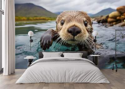 close-up of a river otter in the water Wall mural