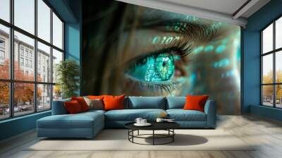 Close-up of an eye reflecting binary code, digital data concept Wall mural