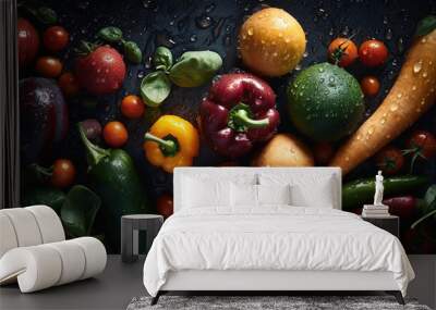 Close-up of fresh vegetables with water drops on dark background. Healthy food concept Wall mural