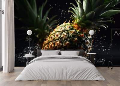 Close-up of pineapple with water drops on dark background. Fruit wallpaper Wall mural