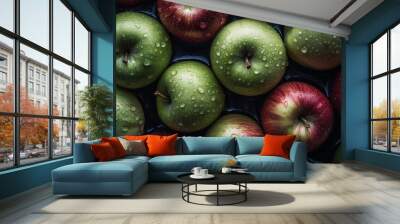 Close-up of red and green apples with water drops on dark background. Fruit wallpaper Wall mural