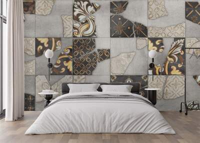 Colorfull wall art mixed digital tiles design for interior home or ceramic tiles design. Wall mural