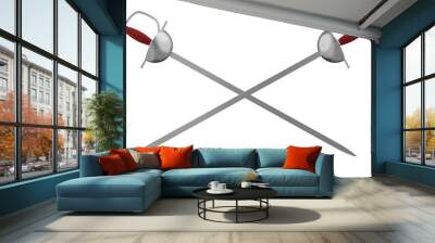 Crossed foil swords with red handles isolated on transparent and white background. Sword concept. 3D render Wall mural