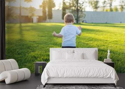 Cute baby runs on a green lawn playing catch-up in nature on a Sunny day. Concept one-year-old child and first steps Wall mural