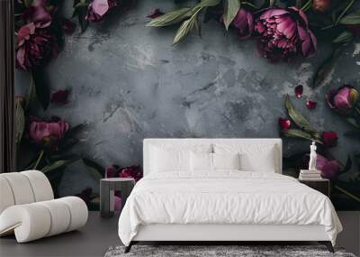 Dark Floral Frame with Deep Purple Peonies, Moody Botanical Style, Elegant Backdrop Concept, with Copy Space Wall mural