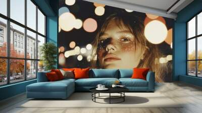 Dreamy portrait of a glittering young woman under bokeh lights at night Wall mural