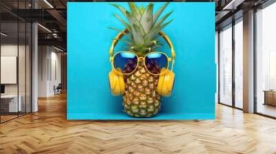 Fashion pineapple sunglasses and headphones listens to music on smartphone over blue background. Generative AI Wall mural