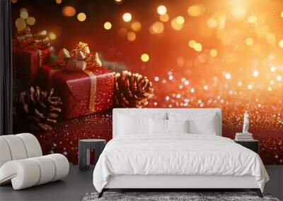 Festive Christmas background with gifts and decorations for merry holiday messages Wall mural