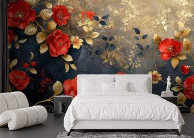 Floral pattern with 3d red and gold flower branches. vintage floral patterns, swirling leaves and gold outline. Wall mural