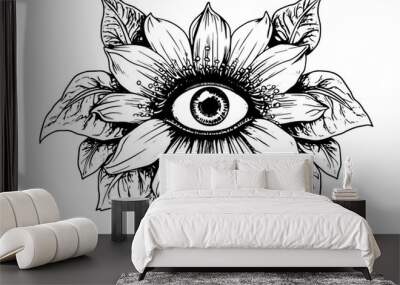 Flower with eye psychodelic vector illustration. Engraved style template Wall mural