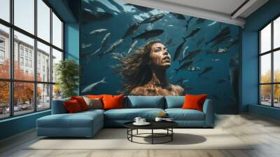 girl swims with fish Wall mural