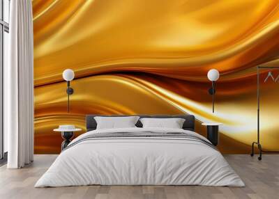 Golden fluid background. Liquid yellow metal wallpaper. Glamour swirl gold texture. 3d wavy flow abstraction. Wall mural