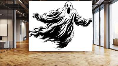 Hand Drawn Halloween Scary Flying Ghost Vector engraving style Illustration. Wall mural