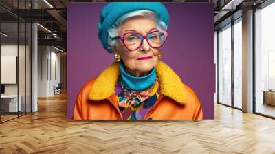 Happy and funny cool old lady with fashionable clothes portrait on colored background -  grandmother with extravagant style, concepts about lifestyle, seniority and elderly people. Generative AI Wall mural