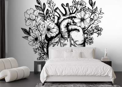 Heart with flowers tattoo in engraved retro style. Vintage vector hand drawn sketch. Wall mural