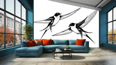 Ink sketch of flying swallow. Hand drawn engraving style vector illustration. Wall mural