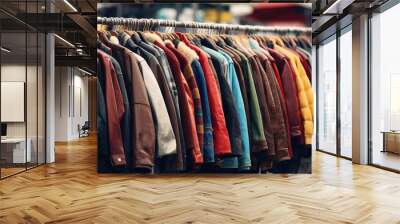 jackets and other clothing hanged on rack at an outdoor market Wall mural