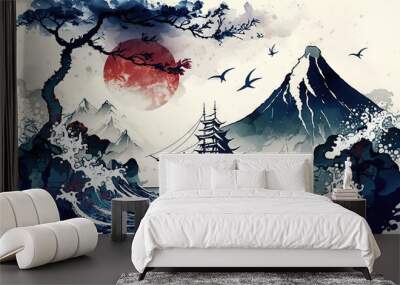 Japanese landscape painting. Oriental natural wave pattern with ocean sea decoration banner design in vintage style. Marine template. Generative AI Wall mural