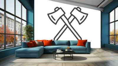 Linear icon of two crossed axes. A simple image of axes for deforestation and chopping wood. Isolated vector on pure white background. Wall mural