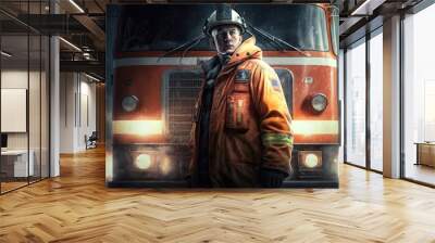 Male man fireman hero rescuer near fire truck. Brave person protection occupation job people professional Generative AI Wall mural