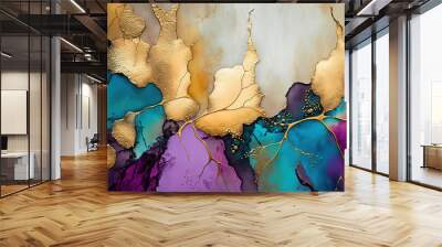 Marble ink abstract art pastel colorful and gold background. Ai generated Wall mural