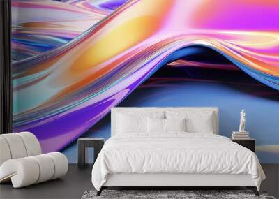 Metallic rainbow gradient waves abstract background. Iridescent chrome wavy surface. Liquid surface, ripples, reflections. 3d render illustration. Wall mural