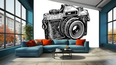 Modern photo camera in engraving style. Vector retro hand drawn illustration. Wall mural