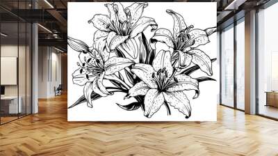 Monochrome black and white bouquet lily isolated on white background. Hand-drawn vector illsutration. Wall mural