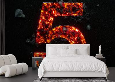 Photo of the burning number five on a black background made of hot coals. Wall mural