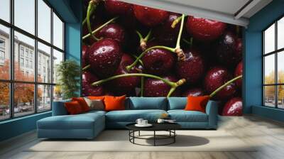 Ripe and juicy cherry top view. The fresh and appetizing fruit is perfect for culinary projects, advertising materials and designs. Wall mural