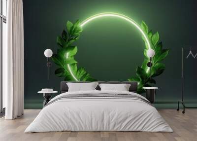 Neon green light ring with lush greenery Wall mural