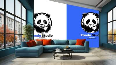 Panda vector logo illustration on blue and white background. Panda's head logotype. Cute animal face sign design template. Wall mural