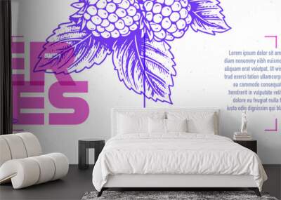 Pink and purple poster or banner design with strawberry in etching style with space for text. Vector illustration. Wall mural