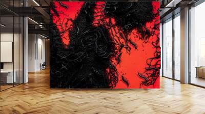 Creepy black fern with centipedes on black ground above glowing red background Wall mural