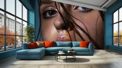 Macro portrait of woman with wet hair and rainbow Wall mural