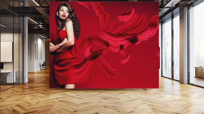 sexy beautiful woman in red dress with red brushstrokes Wall mural