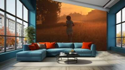 Pretty young woman in field at sunset Wall mural