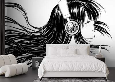 Relaxed anime girl in headphones listening to music Wall mural