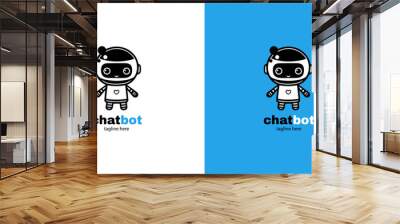 Robot chatbot head icon sign  design vector illustration  on white and blue background. Cute AI bot helper mascot character concept symbol business assistant. Wall mural