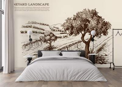 Rural landscape with trees in the field . Vintage hand drawn sketch vector illustration. Vintage beige colors. Wall mural