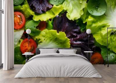 Salad mix leaves and tomat background. Fresh Salad Pattern. Wall mural