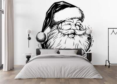 Santa Claus head in a hat sketch hand drawn in engraving style vector illustration. Wall mural