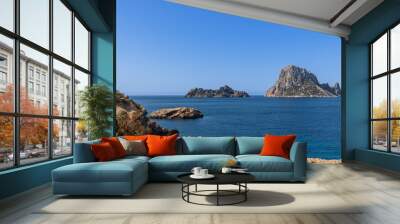 Scenic landscape of Es Vedra island and nearby rocky formations off the coast of Ibiza, Spain, featuring rugged cliffs and blue Mediterranean waters framed by coastal flora on a sunny day Wall mural