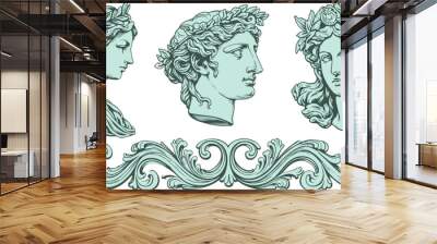 Set of greek statue faces. Ancient sculptire vector sketch. Greece god heads. Woman in myrhology. Engraved illustration in green colors Wall mural