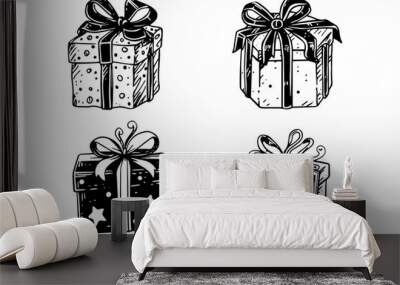 Set of present gift box with ribbon bow vector sketch. Vintage christmas icon Wall mural